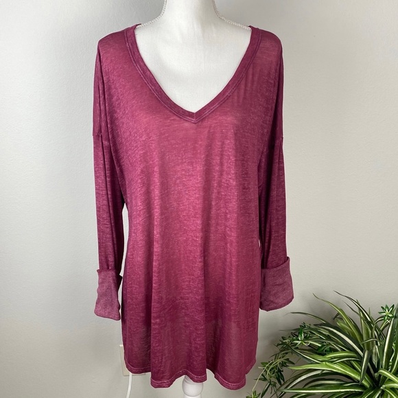 Maurices, Plus Size 2 Burn Out Long Sleeve V-Neck Pull Over Wine Color Top 24/7 - Picture 7 of 10